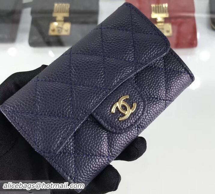 Luxury Chanel Grained Leather Classic Flap Card Holder A80799 Navy Blue/Gold