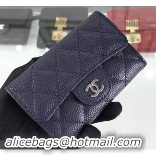 Stylish Chanel Grained Leather Classic Flap Card Holder A80799 Navy Blue/Silver