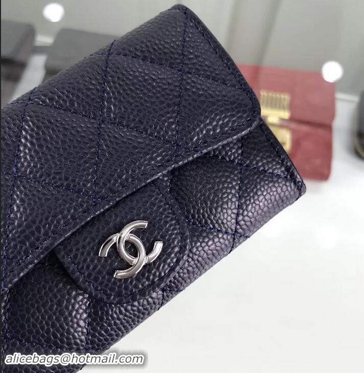 Stylish Chanel Grained Leather Classic Flap Card Holder A80799 Navy Blue/Silver