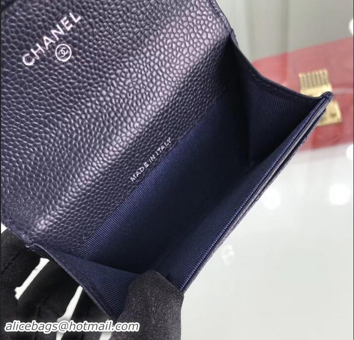 Stylish Chanel Grained Leather Classic Flap Card Holder A80799 Navy Blue/Silver