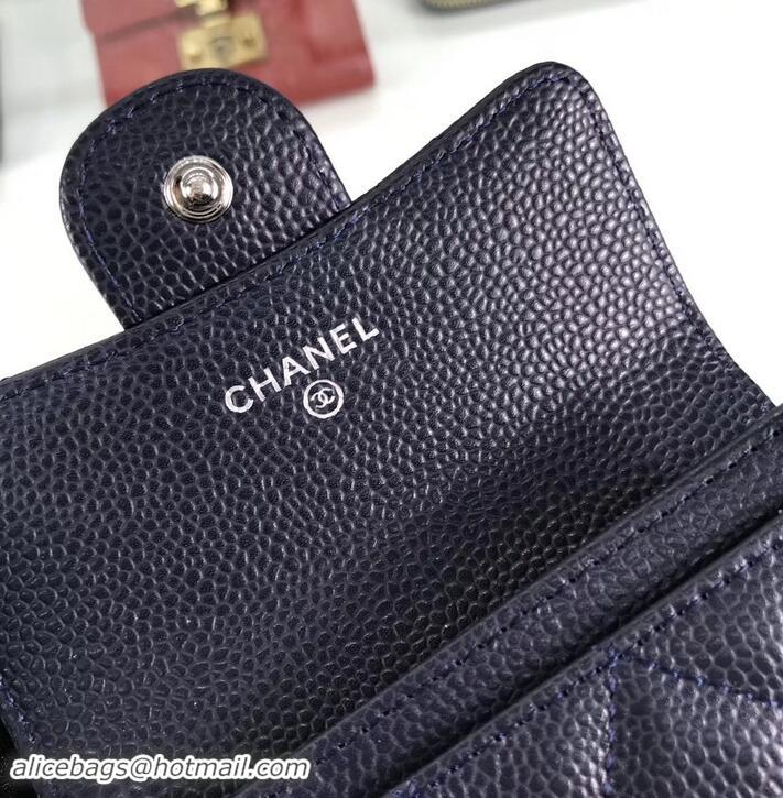 Stylish Chanel Grained Leather Classic Flap Card Holder A80799 Navy Blue/Silver