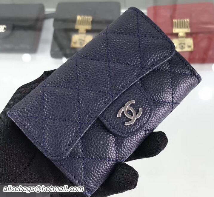 Stylish Chanel Grained Leather Classic Flap Card Holder A80799 Navy Blue/Silver