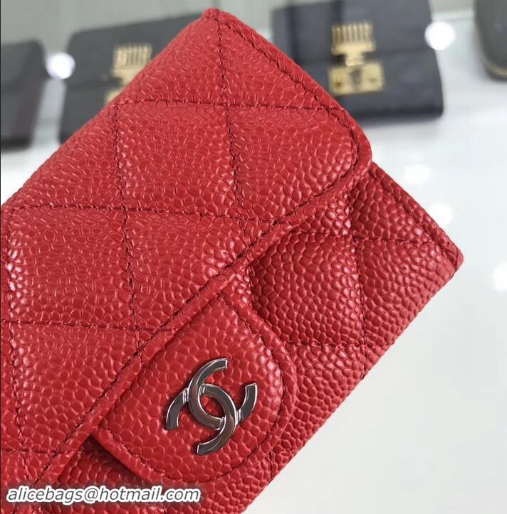 Grade Quality Chanel Grained Leather Classic Flap Card Holder A80799 Red/Silver