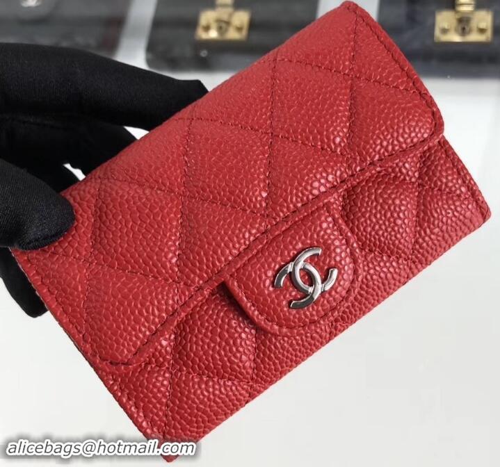 Grade Quality Chanel Grained Leather Classic Flap Card Holder A80799 Red/Silver