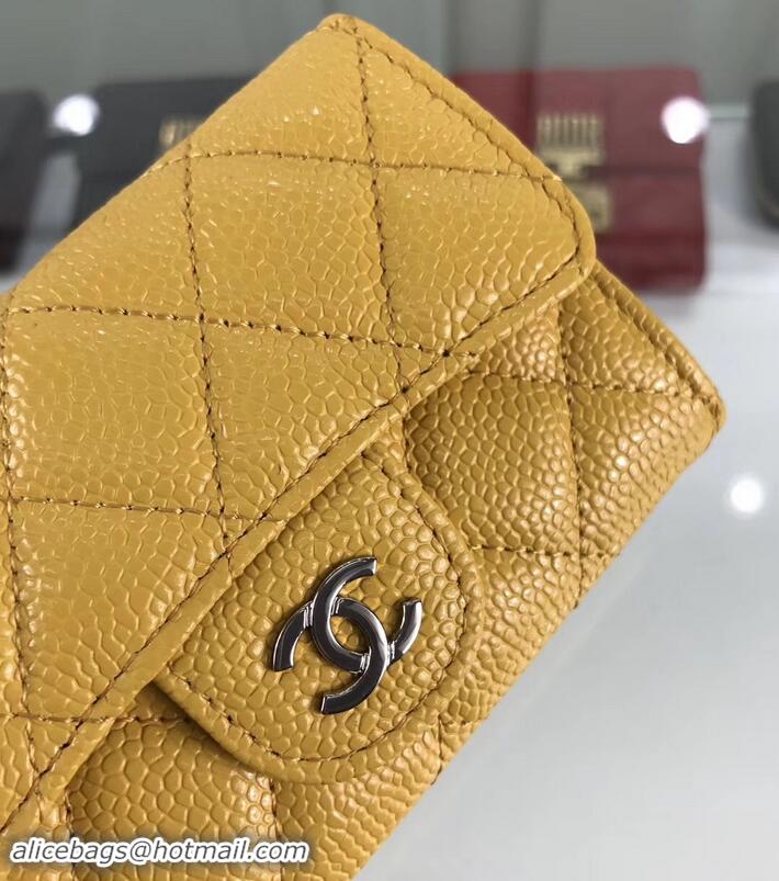 Purchase Chanel Grained Leather Classic Flap Card Holder A80799 Yellow/Silver