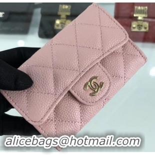 Sumptuous Chanel Grained Leather Classic Flap Card Holder  A80799 Pink/Gold