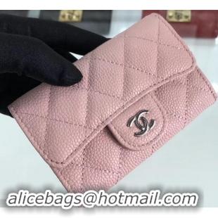 Sumptuous Chanel Grained Leather Classic Flap Card Holder  A80799 Pink/Silver