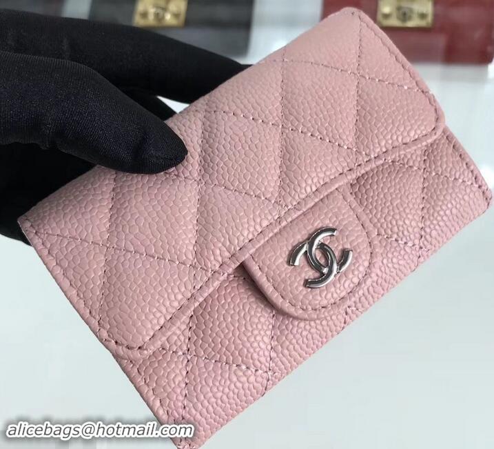 Sumptuous Chanel Grained Leather Classic Flap Card Holder  A80799 Pink/Silver