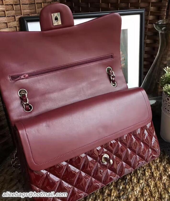 Perfect Chanel Classic jumbo Flap Bag 1113 burgundy in patent leather with silver Hardware 