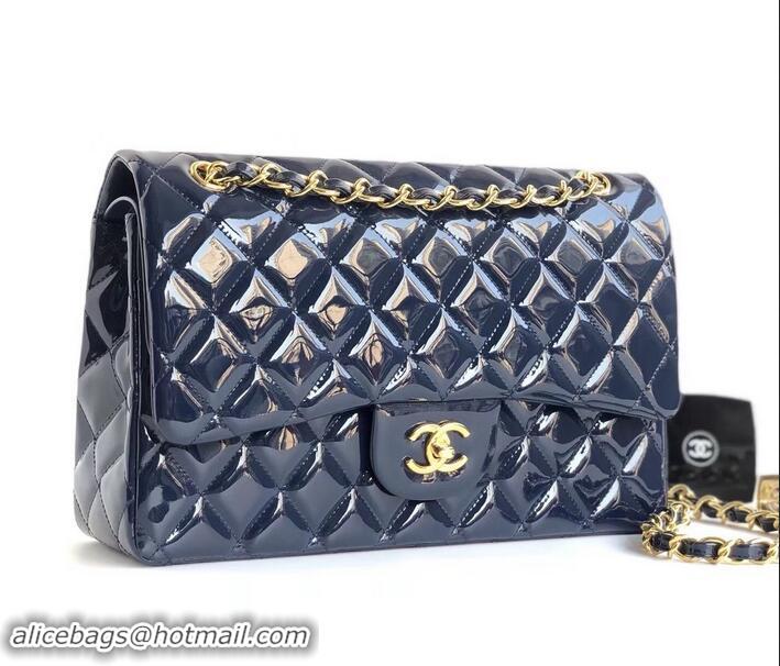 Classic Chanel Classic jumbo Flap Bag 1113 navy blue in patent leather with Gold Hardware