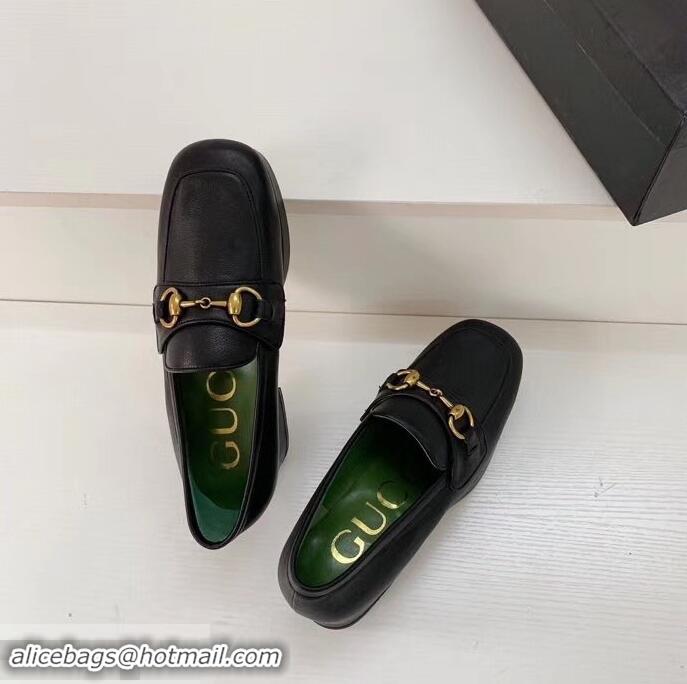 Grade Quality Gucci Heel 4.5cm Leather Platform Loafers With Horsebit G98202 Black 2019