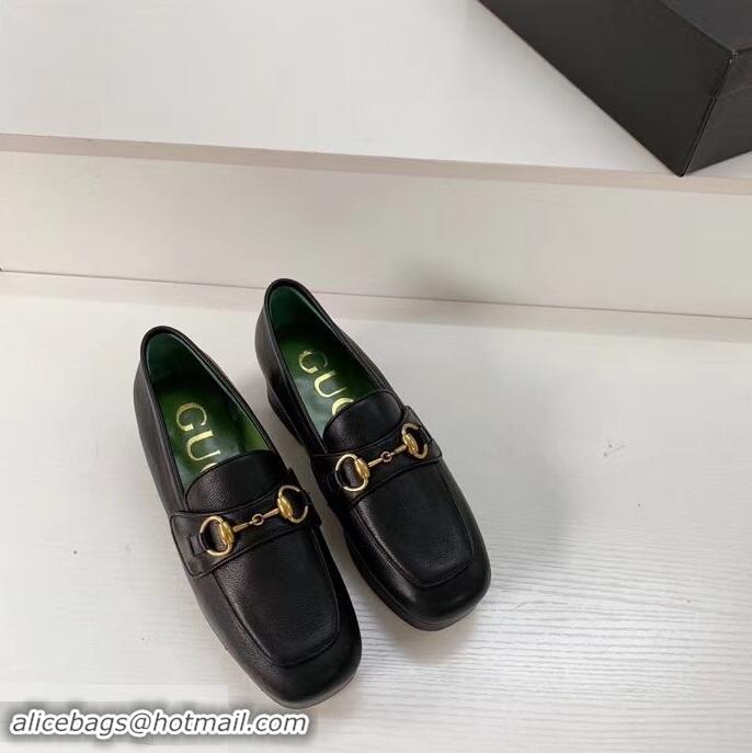 Grade Quality Gucci Heel 4.5cm Leather Platform Loafers With Horsebit G98202 Black 2019