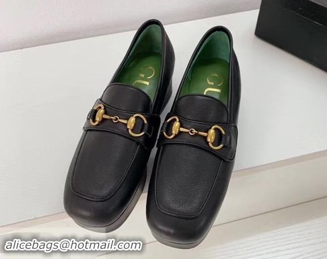 Grade Quality Gucci Heel 4.5cm Leather Platform Loafers With Horsebit G98202 Black 2019