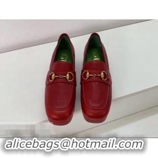 Cheapest Gucci Heel 4.5cm Leather Platform Loafers With Horsebit G98202 Red 2019