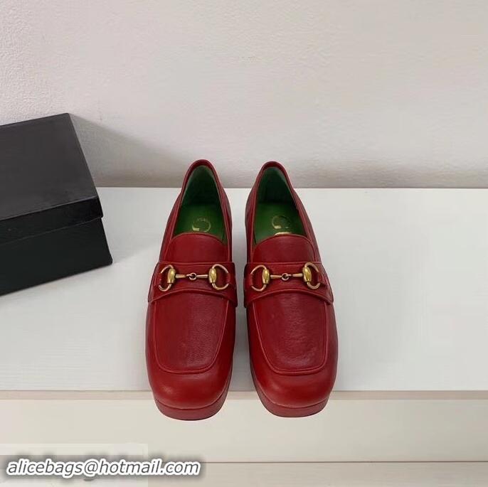 Cheapest Gucci Heel 4.5cm Leather Platform Loafers With Horsebit G98202 Red 2019