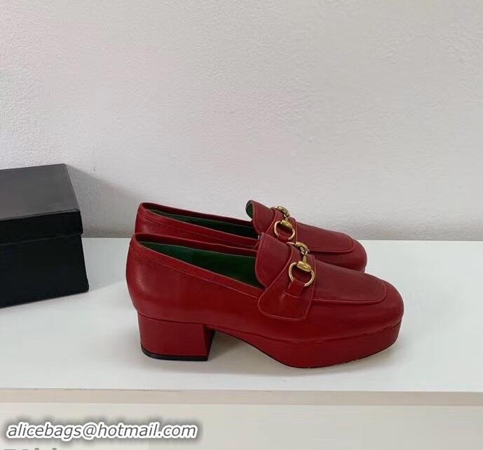 Cheapest Gucci Heel 4.5cm Leather Platform Loafers With Horsebit G98202 Red 2019