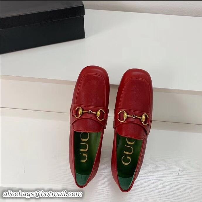 Cheapest Gucci Heel 4.5cm Leather Platform Loafers With Horsebit G98202 Red 2019