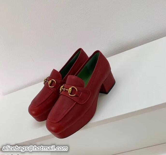 Cheapest Gucci Heel 4.5cm Leather Platform Loafers With Horsebit G98202 Red 2019