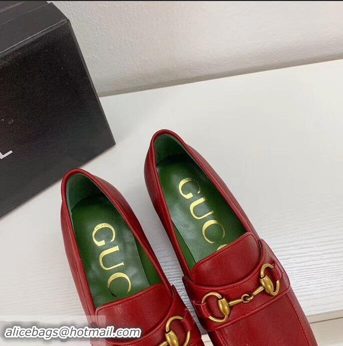 Cheapest Gucci Heel 4.5cm Leather Platform Loafers With Horsebit G98202 Red 2019