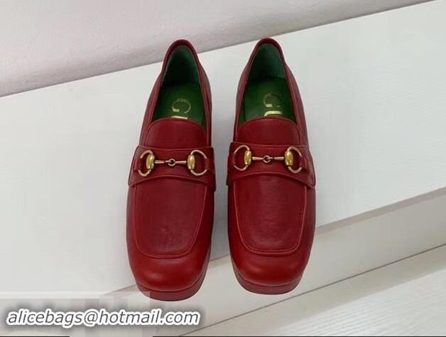 Cheapest Gucci Heel 4.5cm Leather Platform Loafers With Horsebit G98202 Red 2019