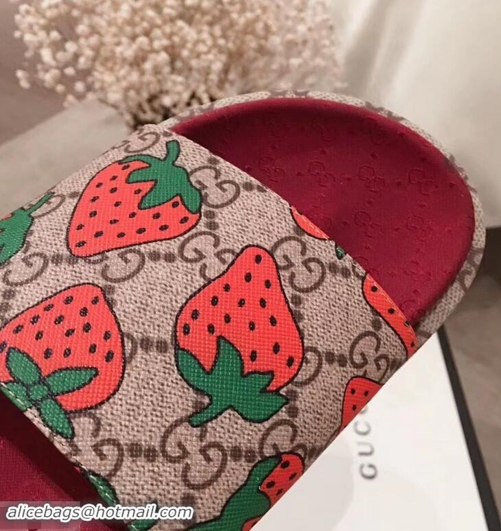 Shop Grade Gucci Original GG Canvas Slide Sandals 573018 Strawberry 2019