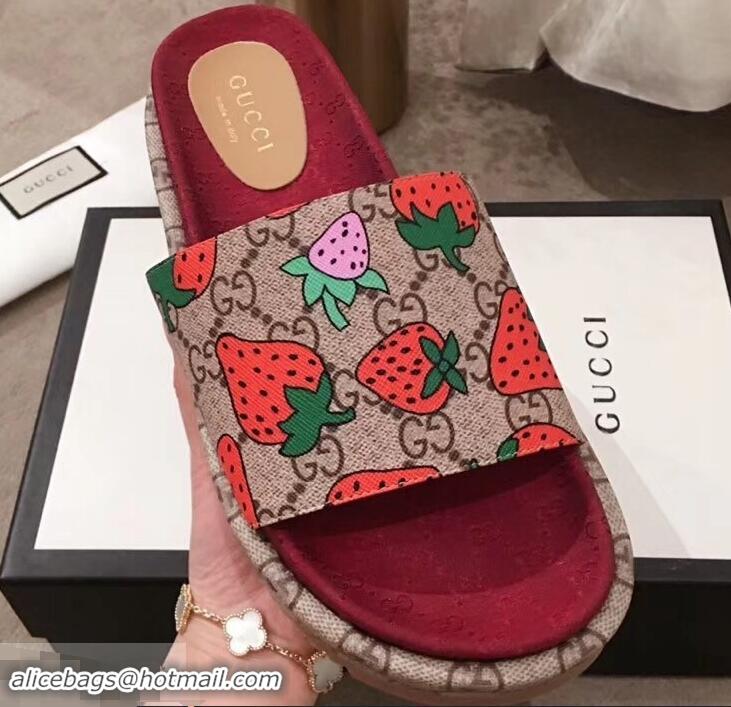 Shop Grade Gucci Original GG Canvas Slide Sandals 573018 Strawberry 2019