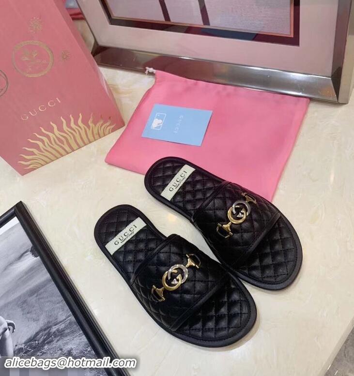 Duplicate Gucci Quilted Slide Sandals with Interlocking G Horsebit 577680 Leather Black 2019