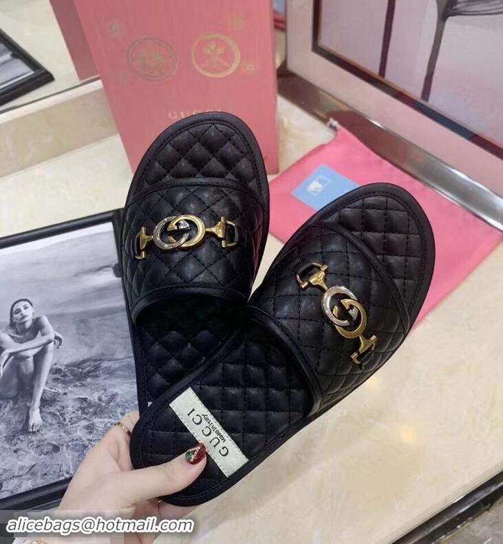 Duplicate Gucci Quilted Slide Sandals with Interlocking G Horsebit 577680 Leather Black 2019