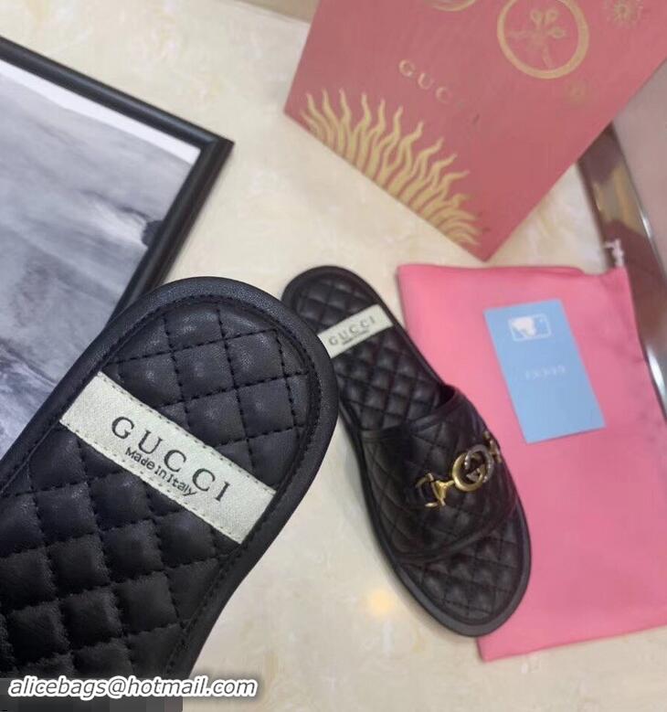 Duplicate Gucci Quilted Slide Sandals with Interlocking G Horsebit 577680 Leather Black 2019