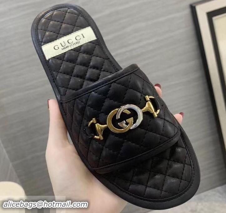 Duplicate Gucci Quilted Slide Sandals with Interlocking G Horsebit 577680 Leather Black 2019