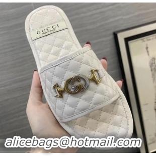 Cheap Gucci Quilted Slide Sandals with Interlocking G Horsebit 577680 Leather White 2019