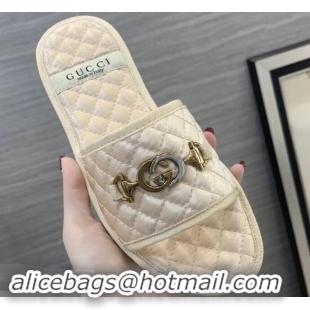 Discount Gucci Quilted Slide Sandals with Interlocking G Horsebit 577680 Leather Fabric Beige 2019