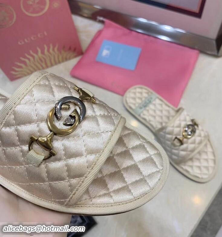 Discount Gucci Quilted Slide Sandals with Interlocking G Horsebit 577680 Leather Fabric Beige 2019