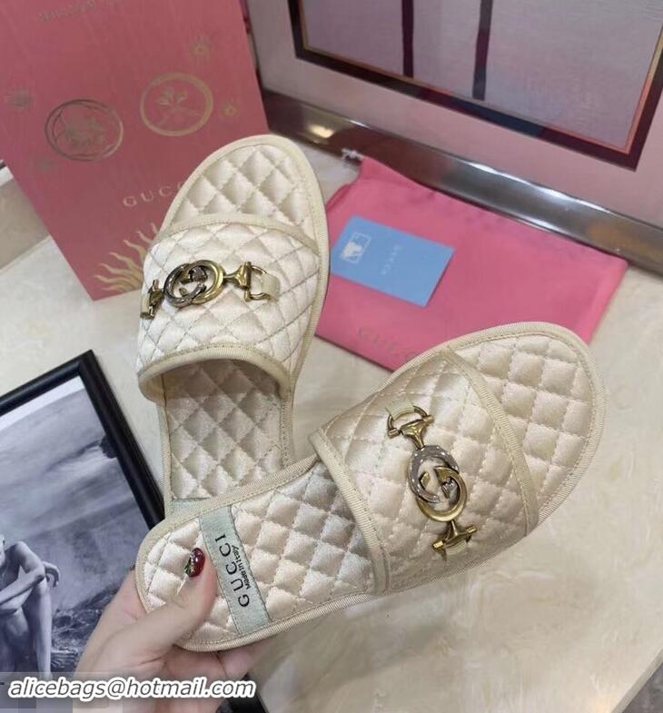 Discount Gucci Quilted Slide Sandals with Interlocking G Horsebit 577680 Leather Fabric Beige 2019