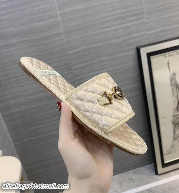 Discount Gucci Quilted Slide Sandals with Interlocking G Horsebit 577680 Leather Fabric Beige 2019