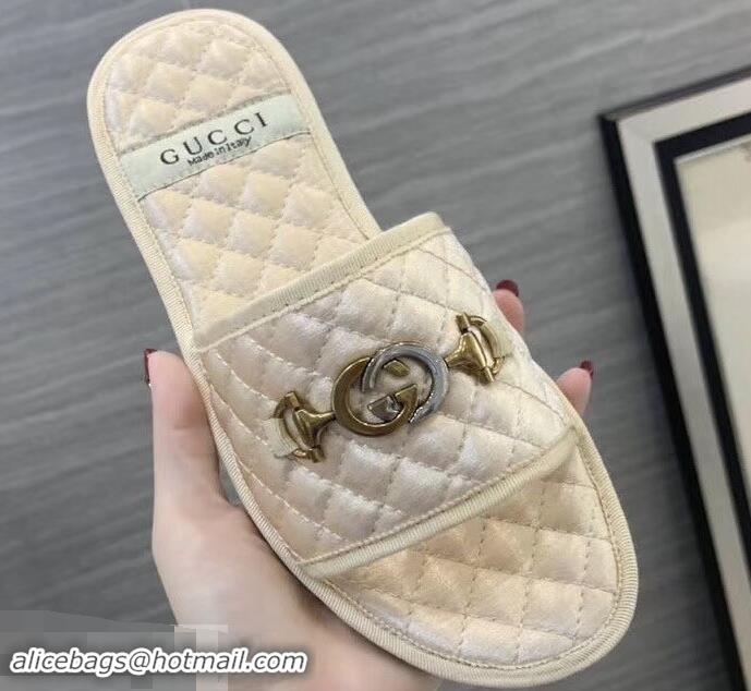 Discount Gucci Quilted Slide Sandals with Interlocking G Horsebit 577680 Leather Fabric Beige 2019