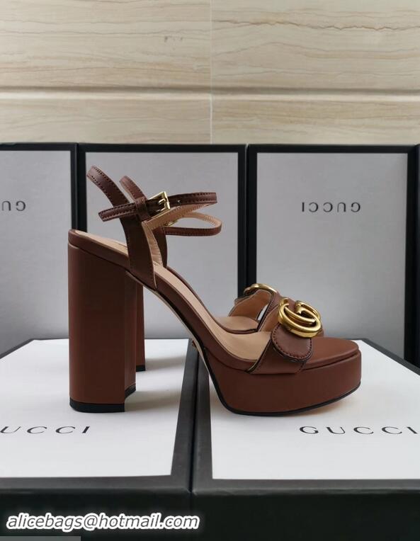 Discount Gucci Heel 11cm Platform 2.5cm Sandals with Double G 573021 Brown 2019