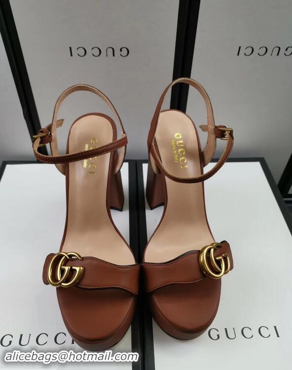 Discount Gucci Heel 11cm Platform 2.5cm Sandals with Double G 573021 Brown 2019