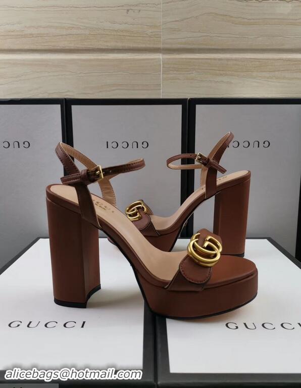 Discount Gucci Heel 11cm Platform 2.5cm Sandals with Double G 573021 Brown 2019