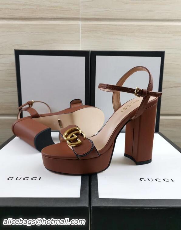 Discount Gucci Heel 11cm Platform 2.5cm Sandals with Double G 573021 Brown 2019