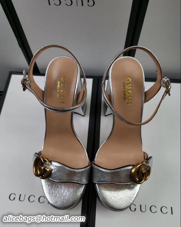 Cheapest Gucci Heel 11cm Platform 2.5cm Sandals with Double G 573021 Silver 2019