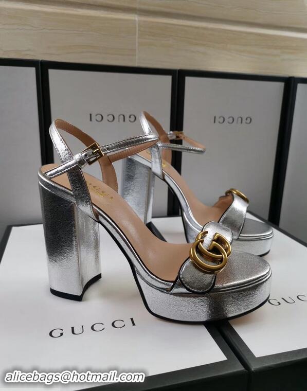 Cheapest Gucci Heel 11cm Platform 2.5cm Sandals with Double G 573021 Silver 2019