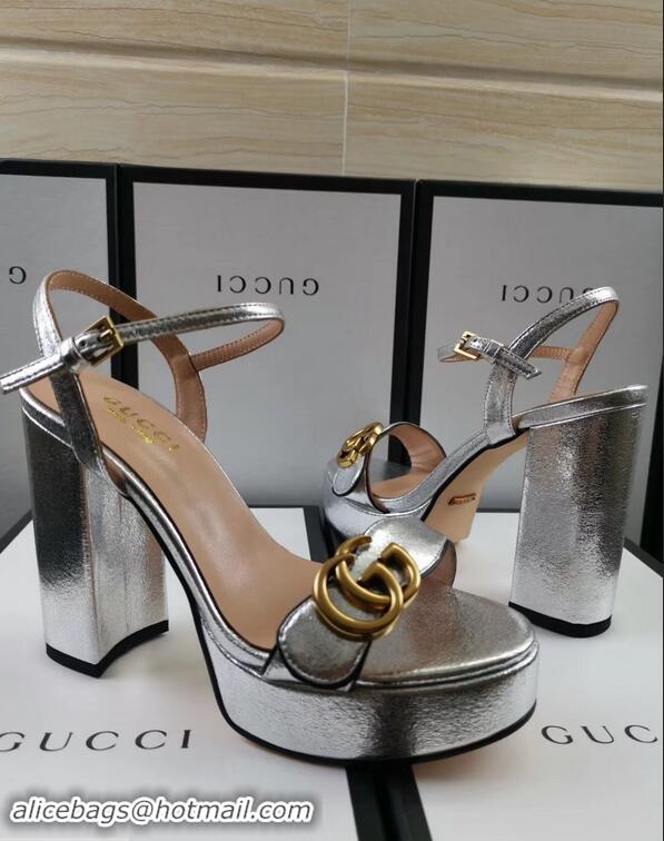 Cheapest Gucci Heel 11cm Platform 2.5cm Sandals with Double G 573021 Silver 2019