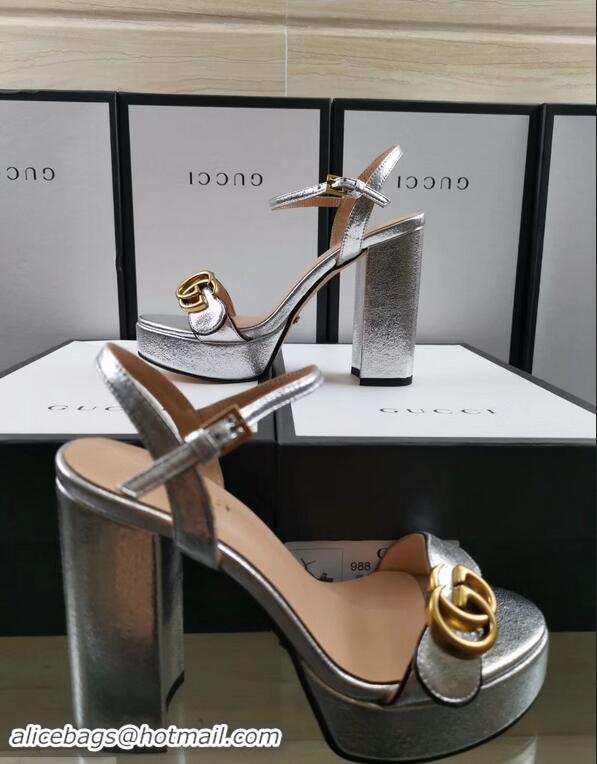 Cheapest Gucci Heel 11cm Platform 2.5cm Sandals with Double G 573021 Silver 2019