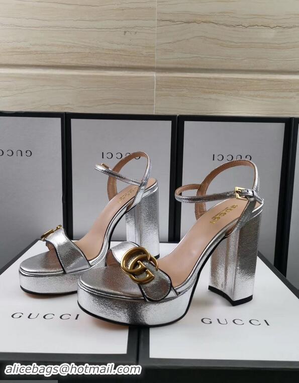 Cheapest Gucci Heel 11cm Platform 2.5cm Sandals with Double G 573021 Silver 2019