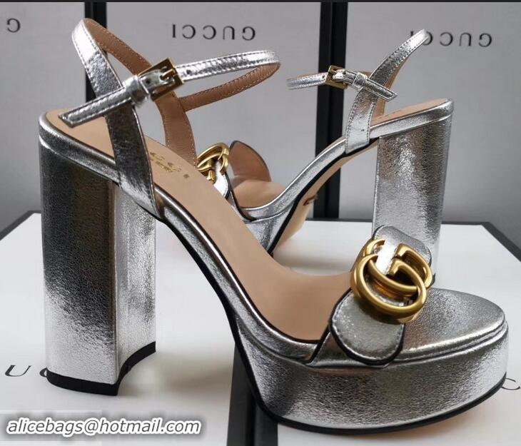 Cheapest Gucci Heel 11cm Platform 2.5cm Sandals with Double G 573021 Silver 2019