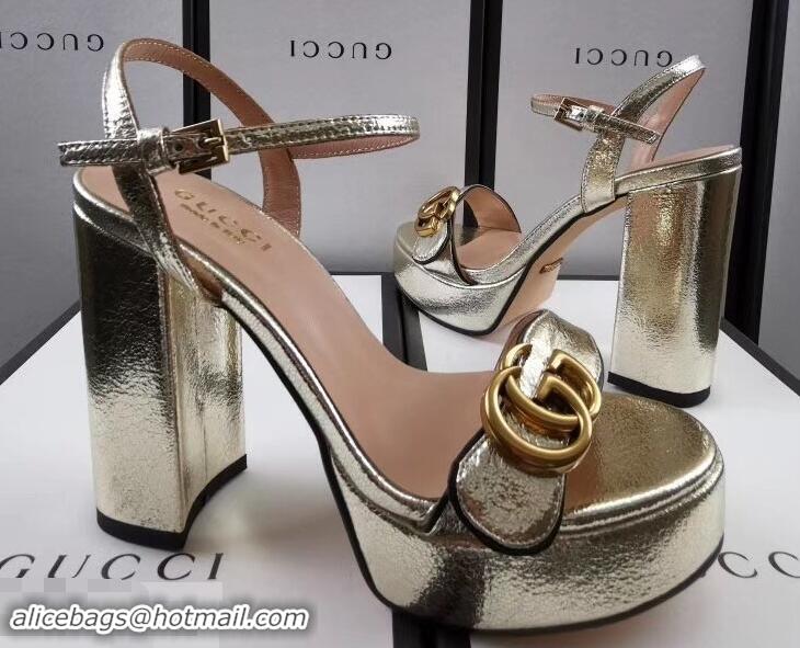 Hot Sell Gucci Heel 11cm Platform 2.5cm Sandals with Double G 573021 Gold 2019