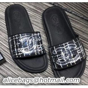 Shop Inexpensive Chanel Tweed and PVC Mules Slipper Sandals G96401 Black 2019