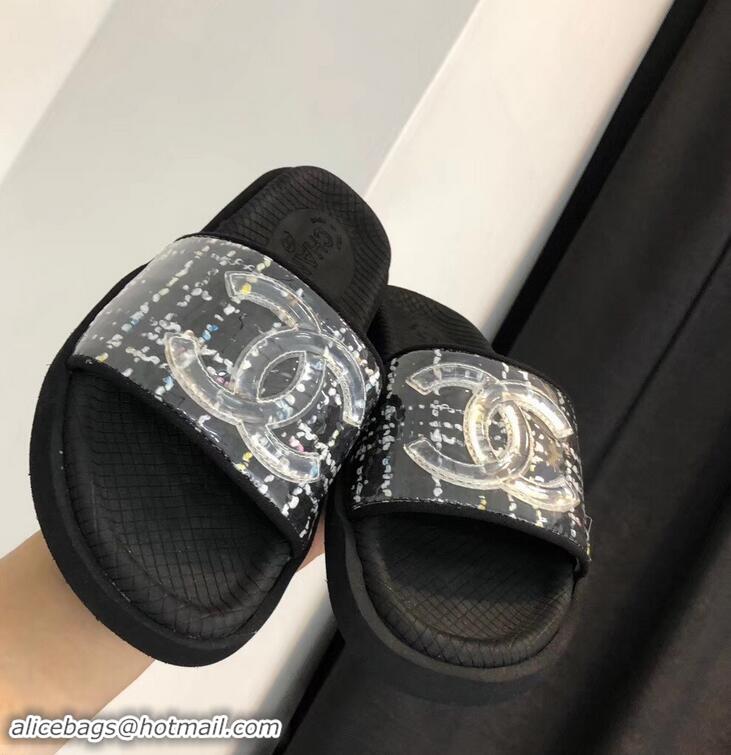 Shop Inexpensive Chanel Tweed and PVC Mules Slipper Sandals G96401 Black 2019