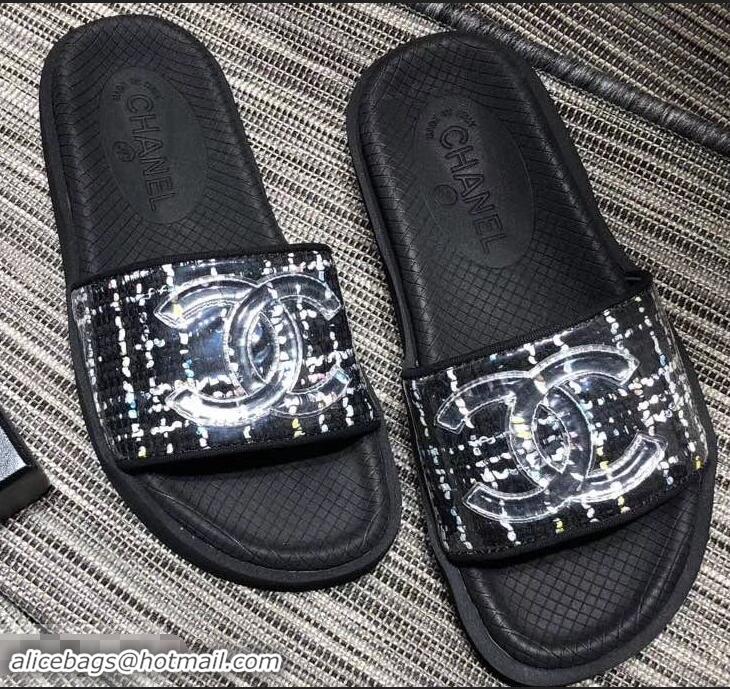 Shop Inexpensive Chanel Tweed and PVC Mules Slipper Sandals G96401 Black 2019